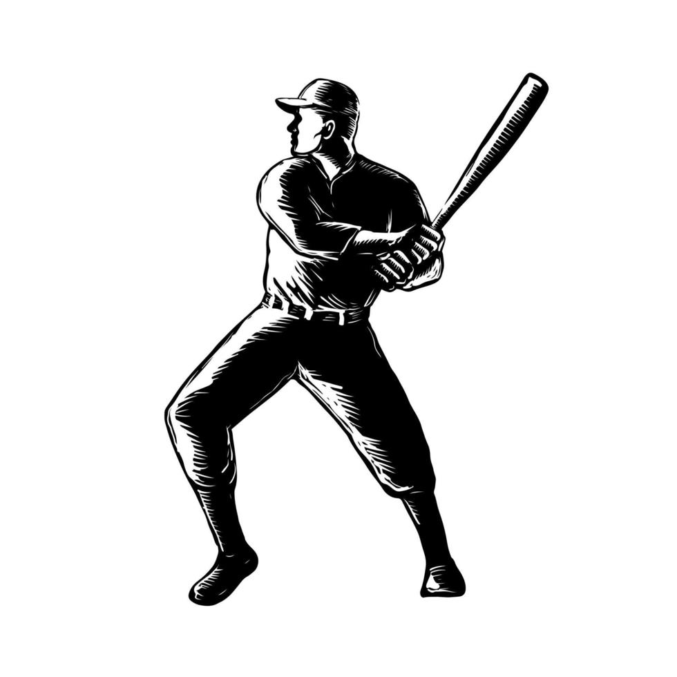 Baseball Player Batting Woodcut Black and White vector