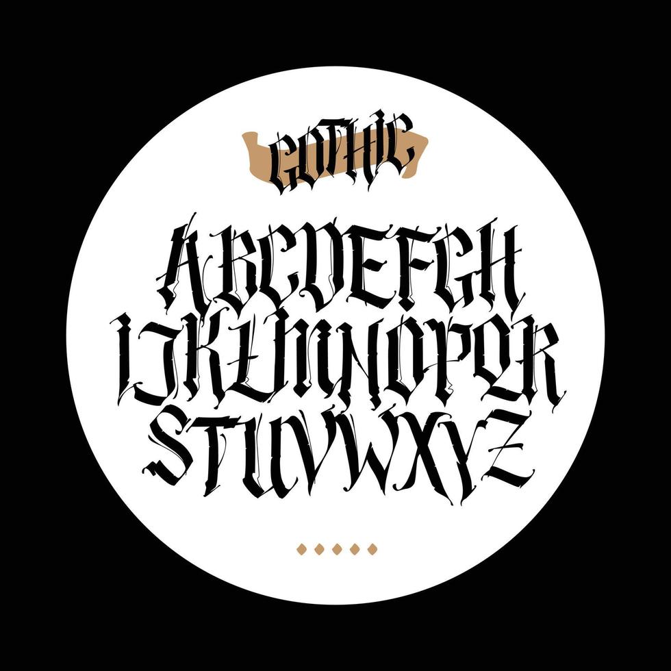 Gothic, English alphabet. Vector set. Font for tattoo, personal and commercial purposes. Elements are isolated on a black background. Calligraphy and lettering. Individual letters.