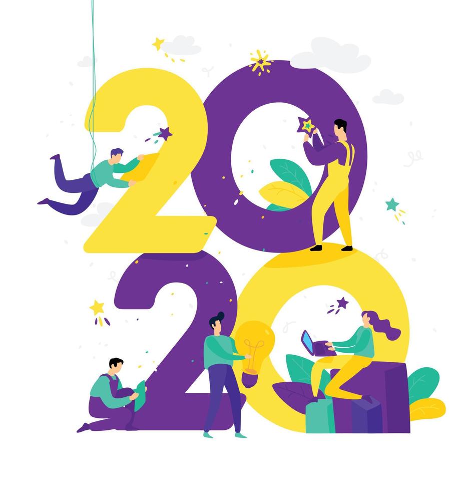 ilustración para el nuevo año 2020. vector. la gente trabaja con números. los empresarios celebran la navidad. los empleados en la oficina van a celebrar. estilo plano vector