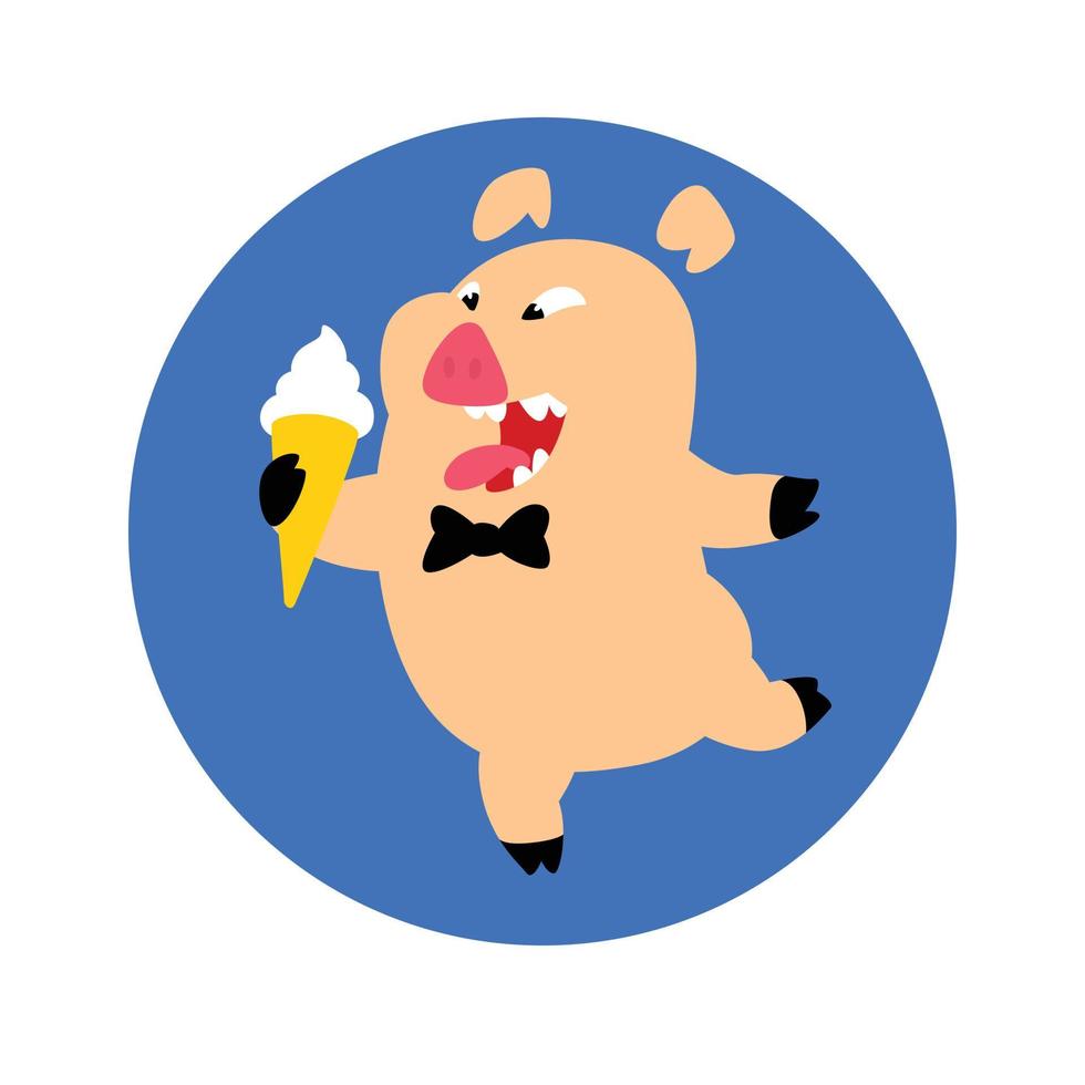 Pig with ice cream and bow tie. Vector. Logo, symbol for the company. Emblem for fast food and food. Running Boar. Meat animal. Bacon. Funny cartoon face. Mascot Flat style. vector