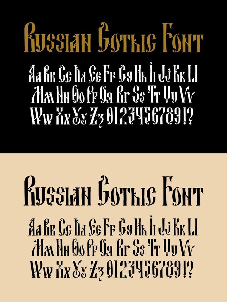 Complete alphabet of the Old Russian Gothic font. Vector. Latin letter. Neo-Russian style of the 17-19th century. English font. Stylized under the Greek or Byzantine high charter. Handwritten. vector