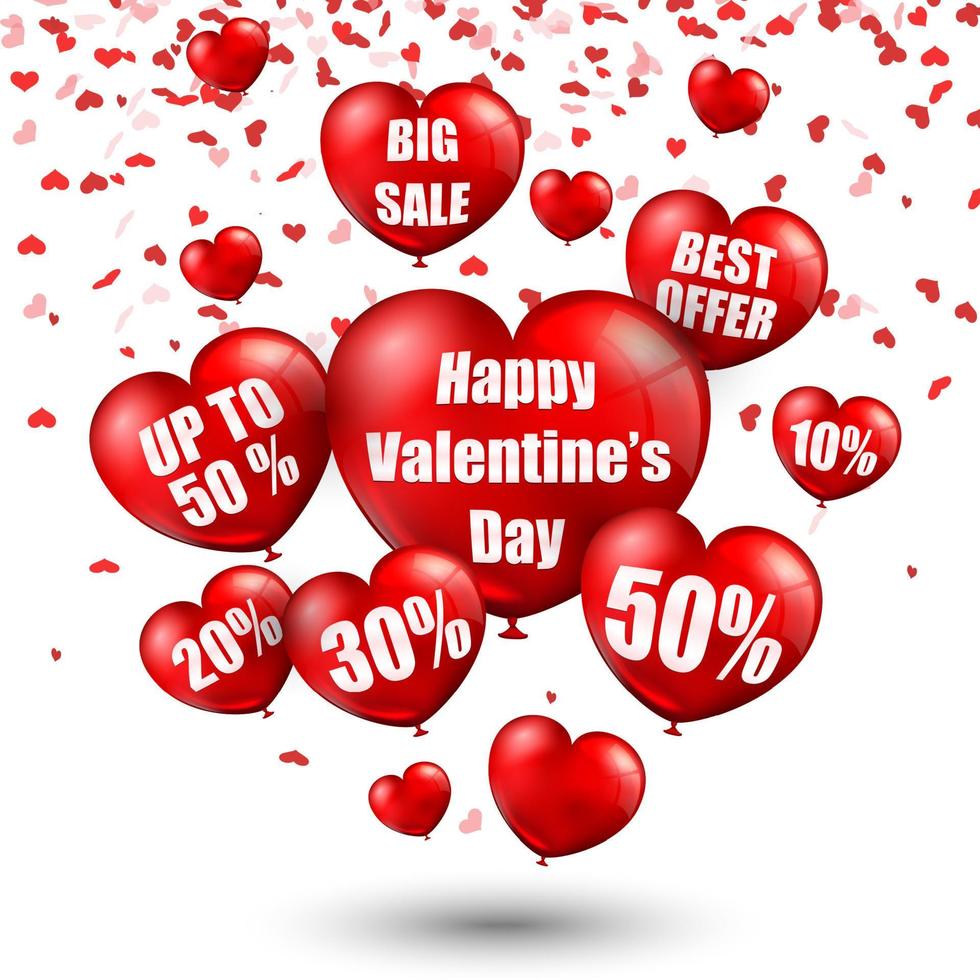 Happy Valentine's Day background with big sale balloons in form of heart.  vector