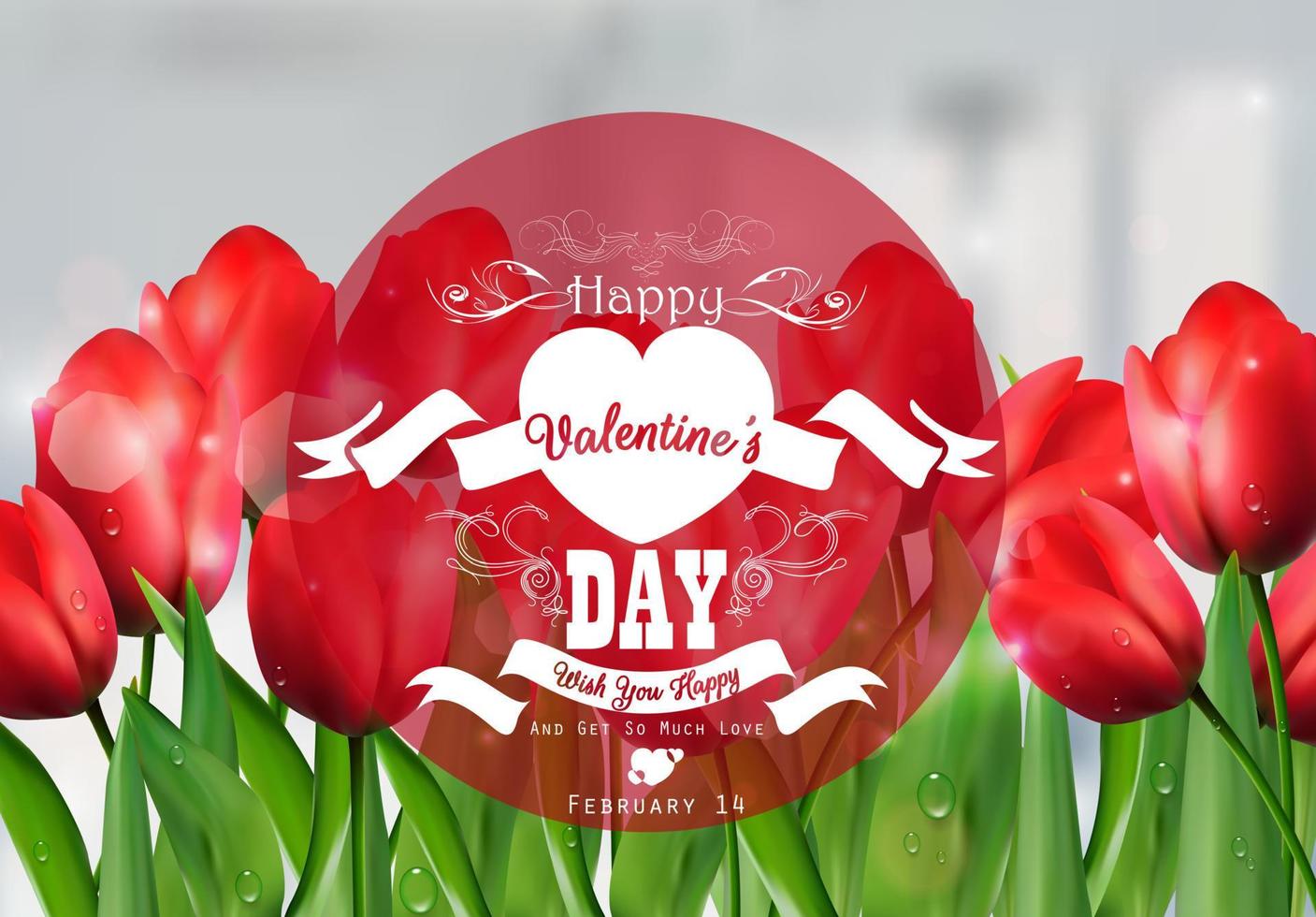 Valentine red tulip background with a close up view with a red round label decorated vector