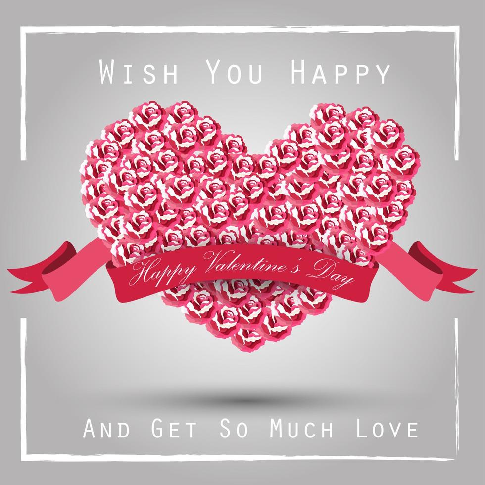 Valentine heart concept of roses with pink ribbon vector