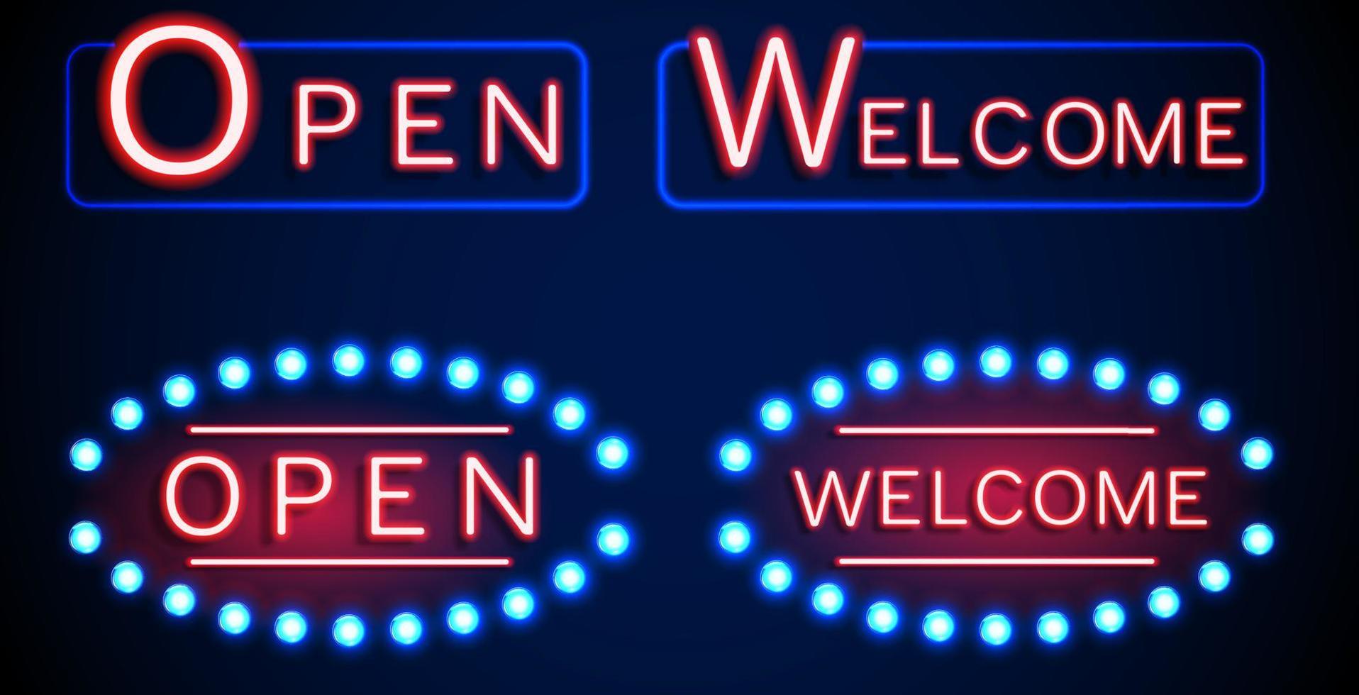 neon shining signboard with word open and welcome vector