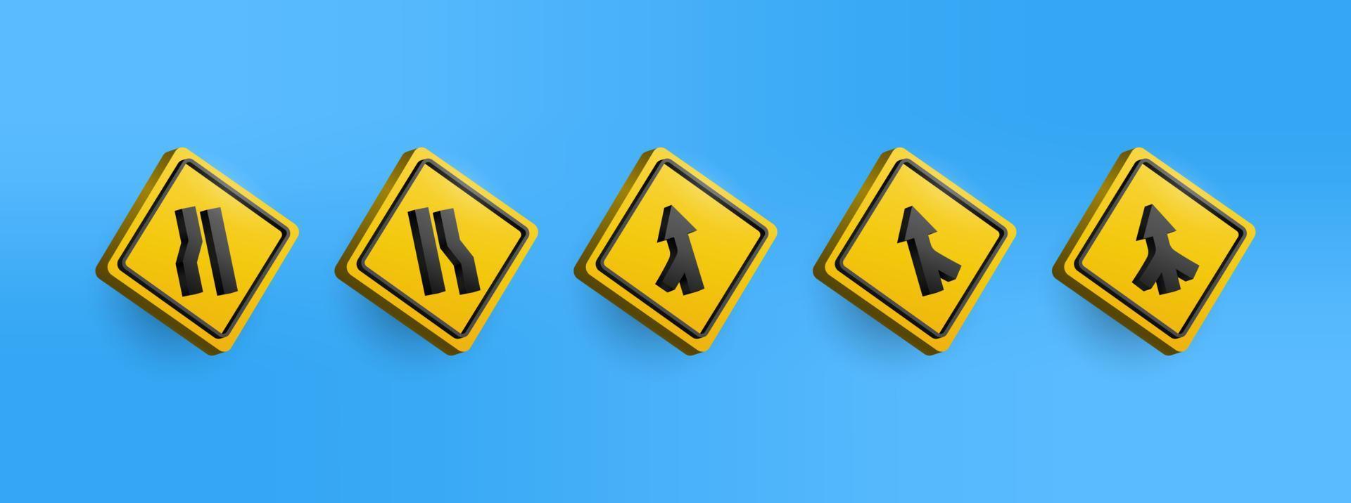 3D yellow Warning traffic sign icon collection set. 3D Editable vector illustration of directions traffic sign