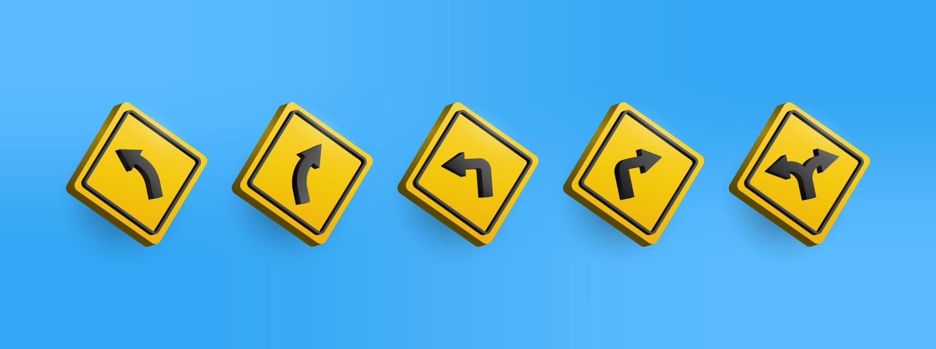 Conjunto de colección de iconos de señal de tráfico de advertencia amarilla 3d. ilustración vectorial de las flechas de las señales de tráfico direcciones de conducción fácil de editar vector