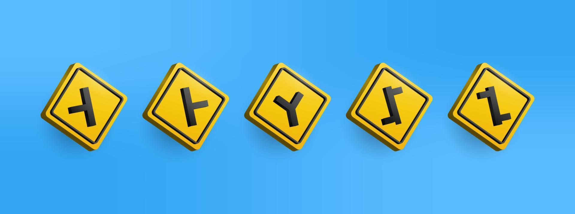 3D yellow Warning traffic sign icon collection set. Vector Illustration of directions traffic sign easy editable