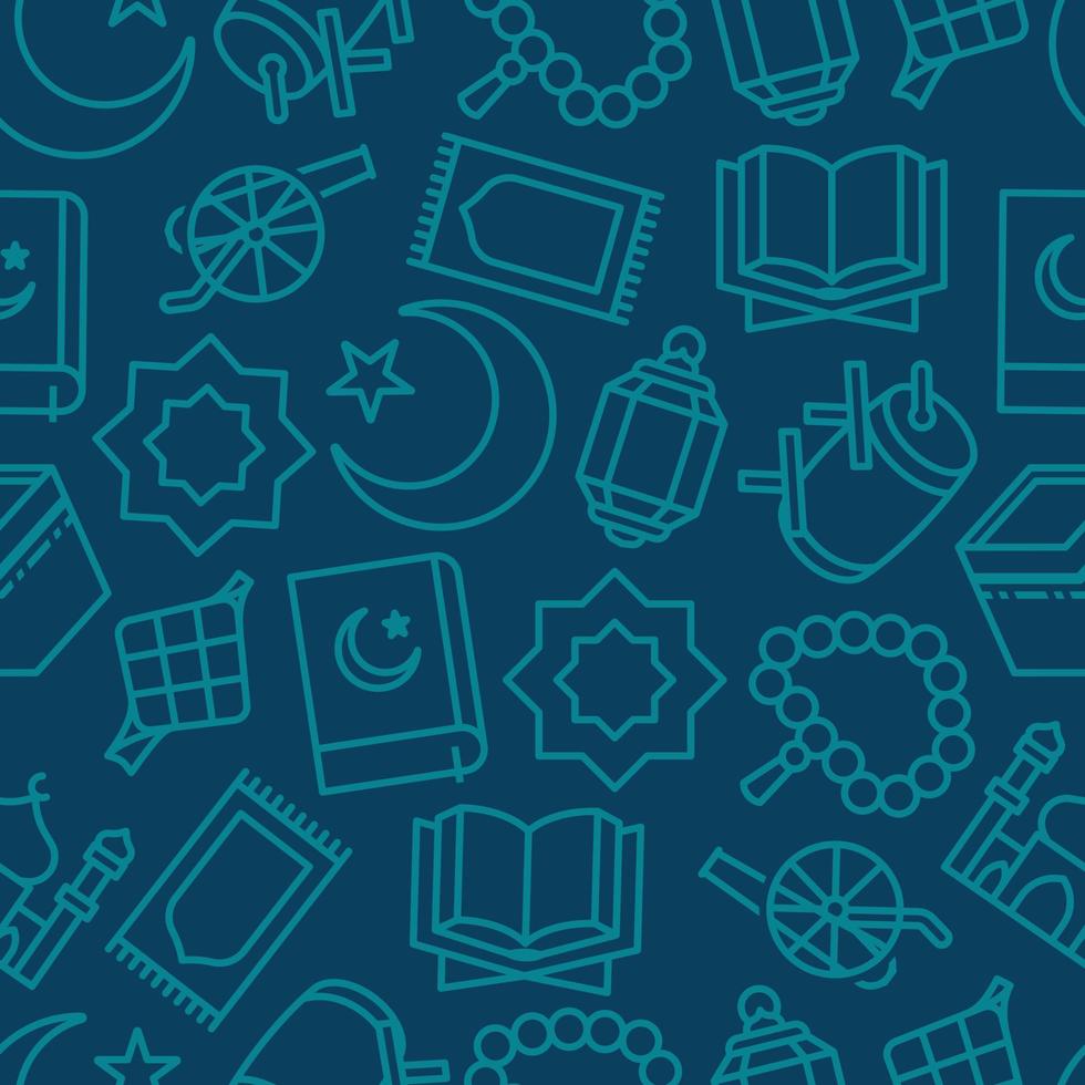 Subtle Teal on Blue Ramadan seamless pattern of outline icons vector