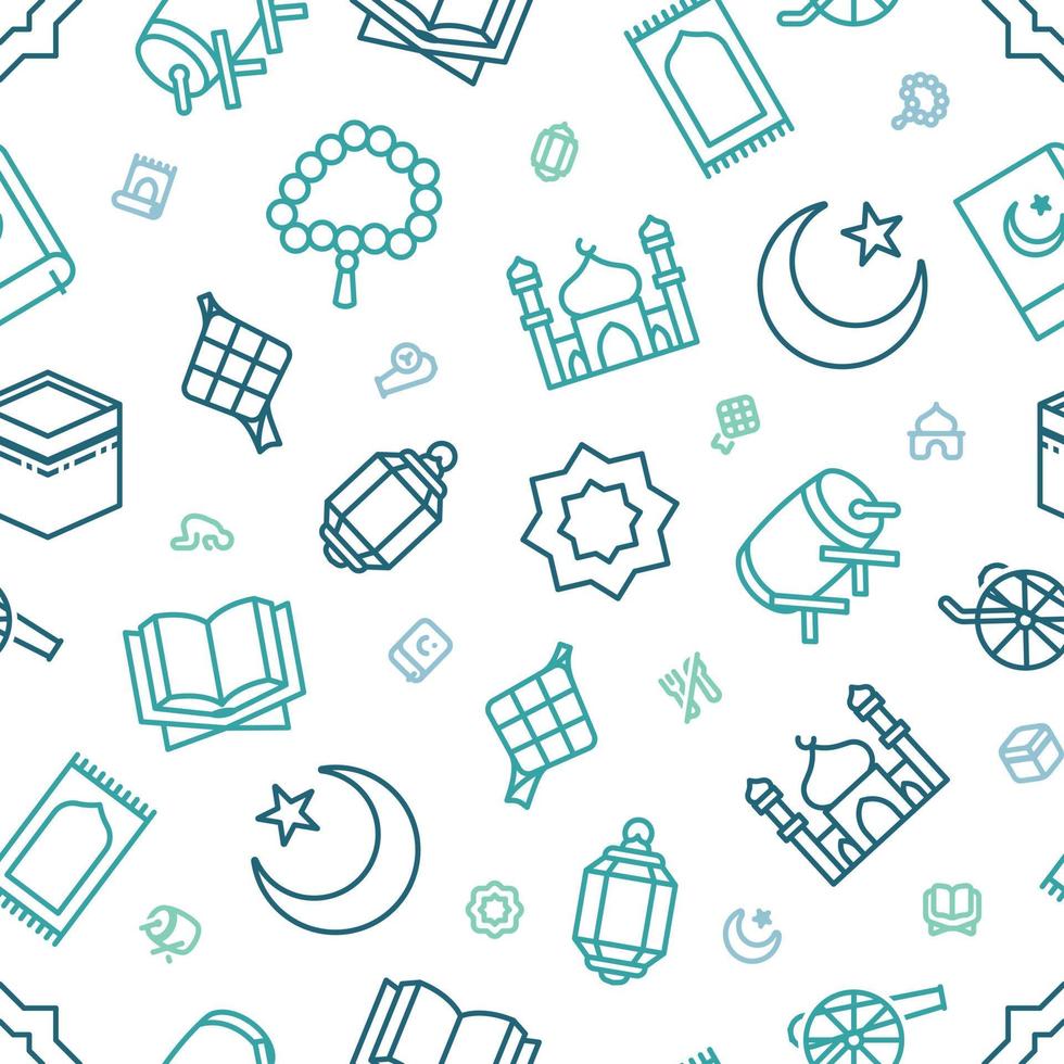 Seamless pattern of blue and teal Ramadan line icons vector