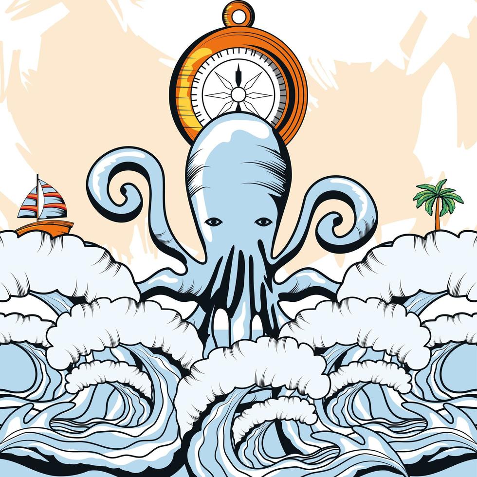sea octopus and boat vector