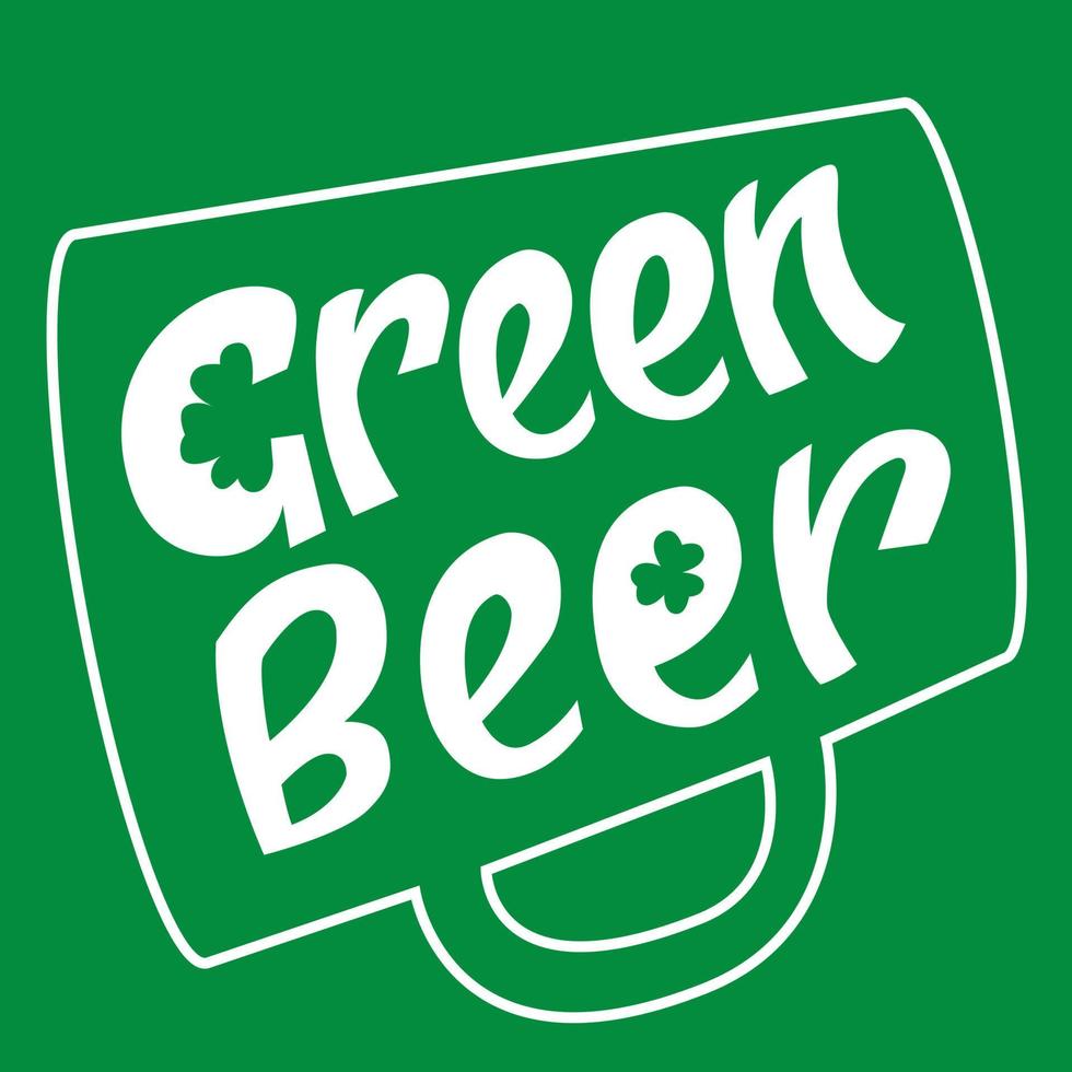 letras de cerveza verde con formas de trébol inscritas en jarra de cerveza. S t. cartel del día de patrick. publicidad de ofertas especiales. menú de pizarra. uso para impresiones, banner. vector