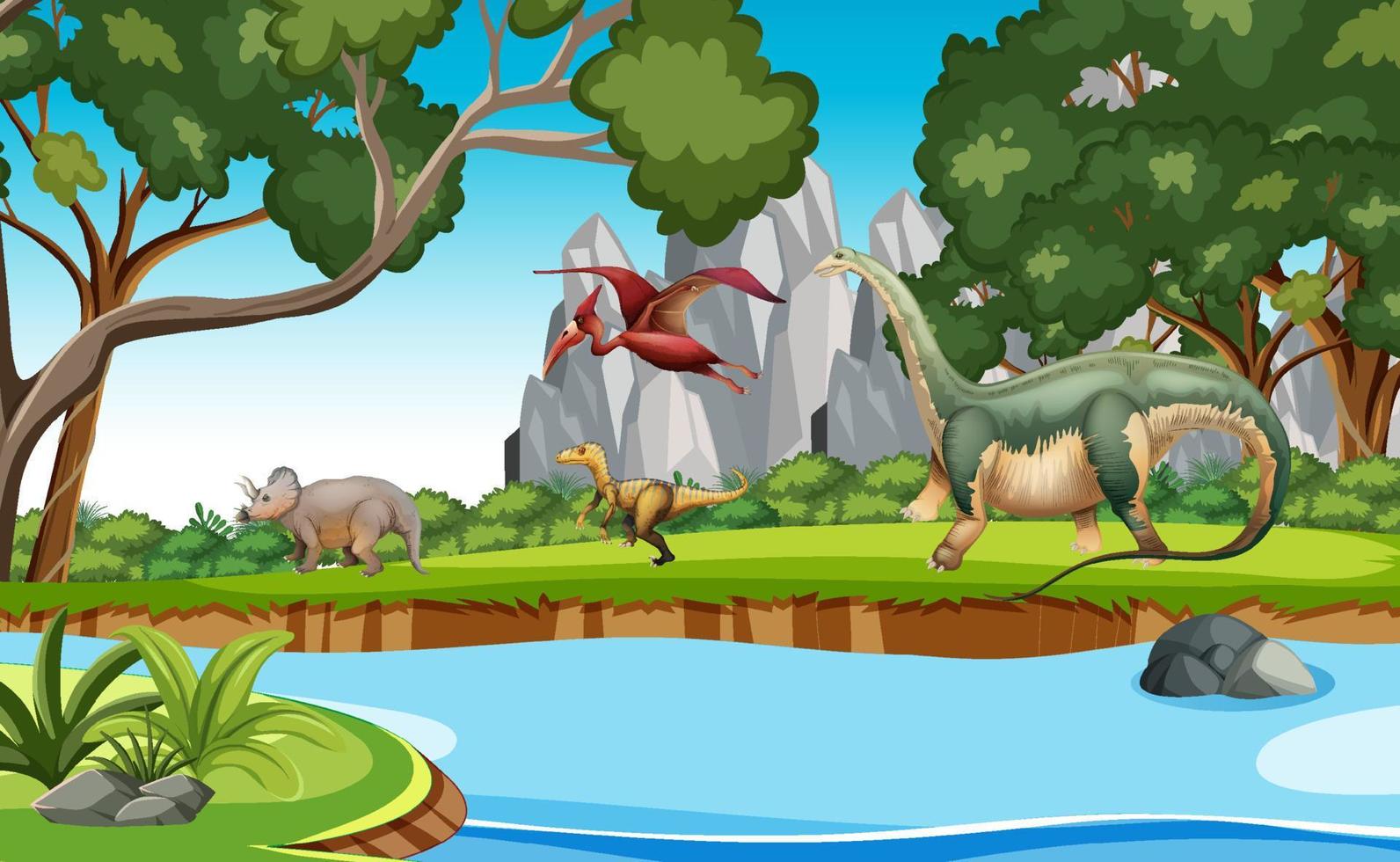 dinosaurio en la escena del bosque prehistórico vector