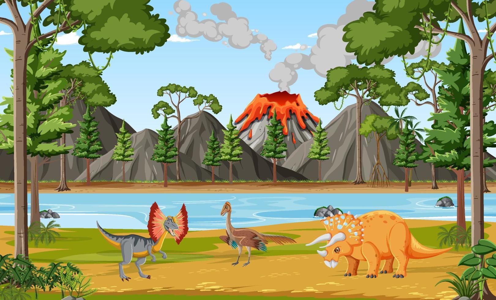 escena con dinosaurios junto al río vector