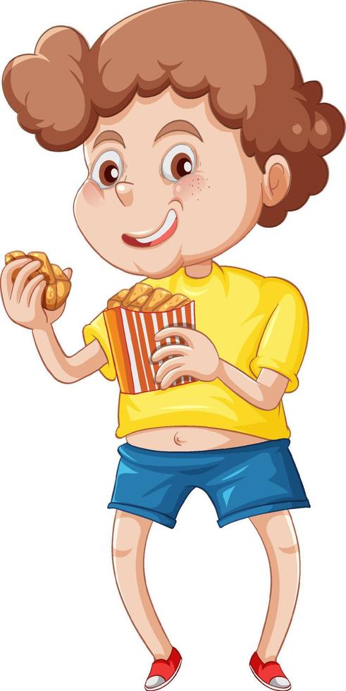 A boy eating fast food on a white background vector