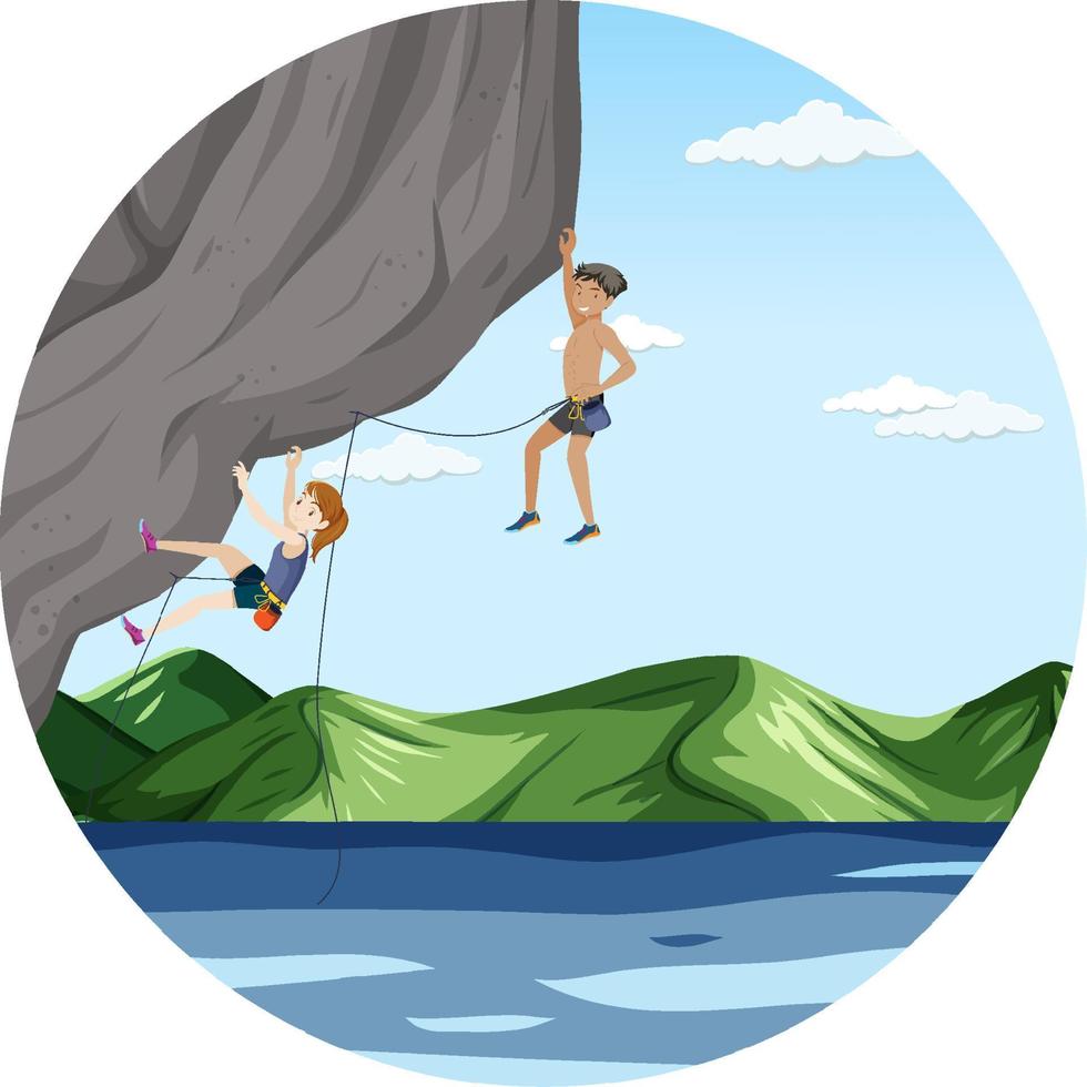 Scene with people climbing rocky moutain on circle artboard vector