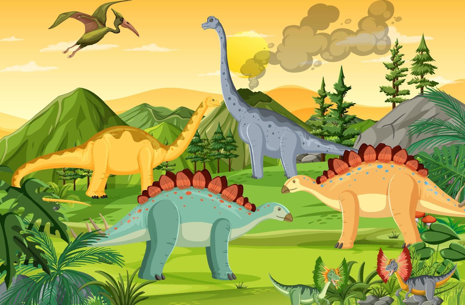 dinosaurio en la escena del bosque prehistórico vector