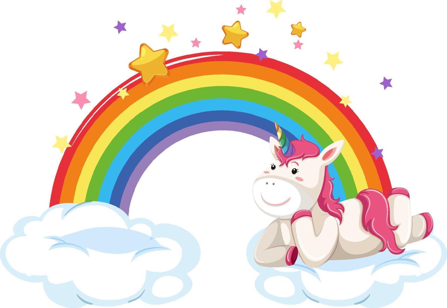 lindos unicornios acostados en una nube con arco iris vector