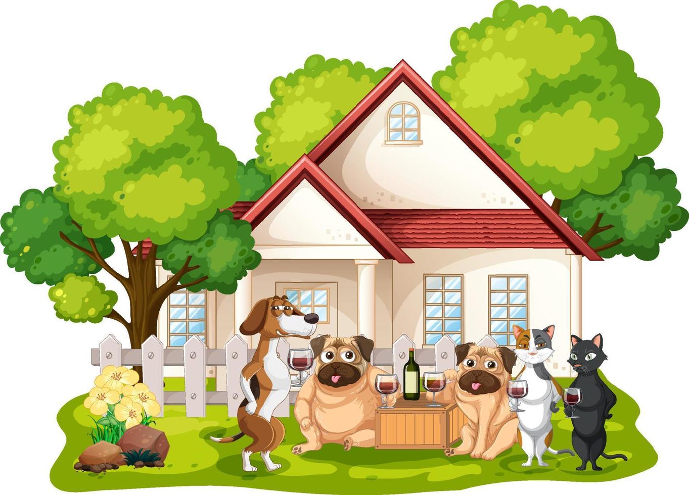 Many dogs and cats drinking wine at home vector