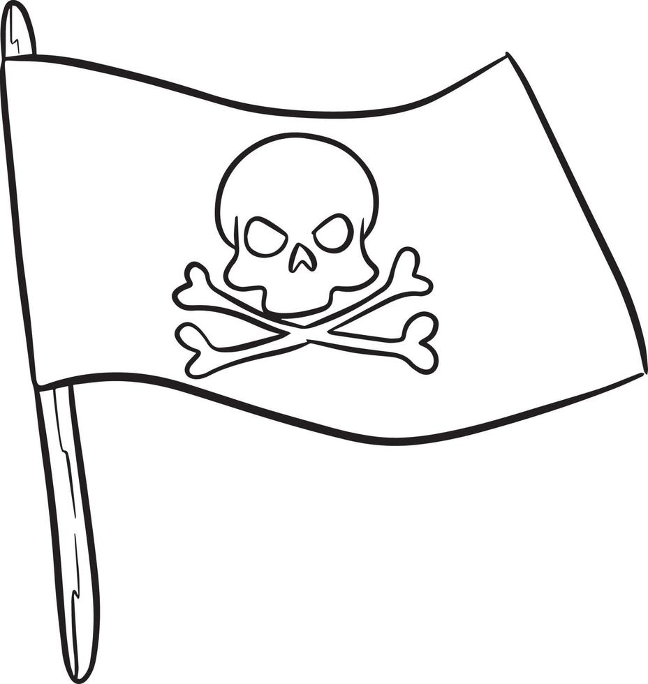 bandera pirata vectorial delineada dibujada a mano con calavera aislada en fondo blanco. vector