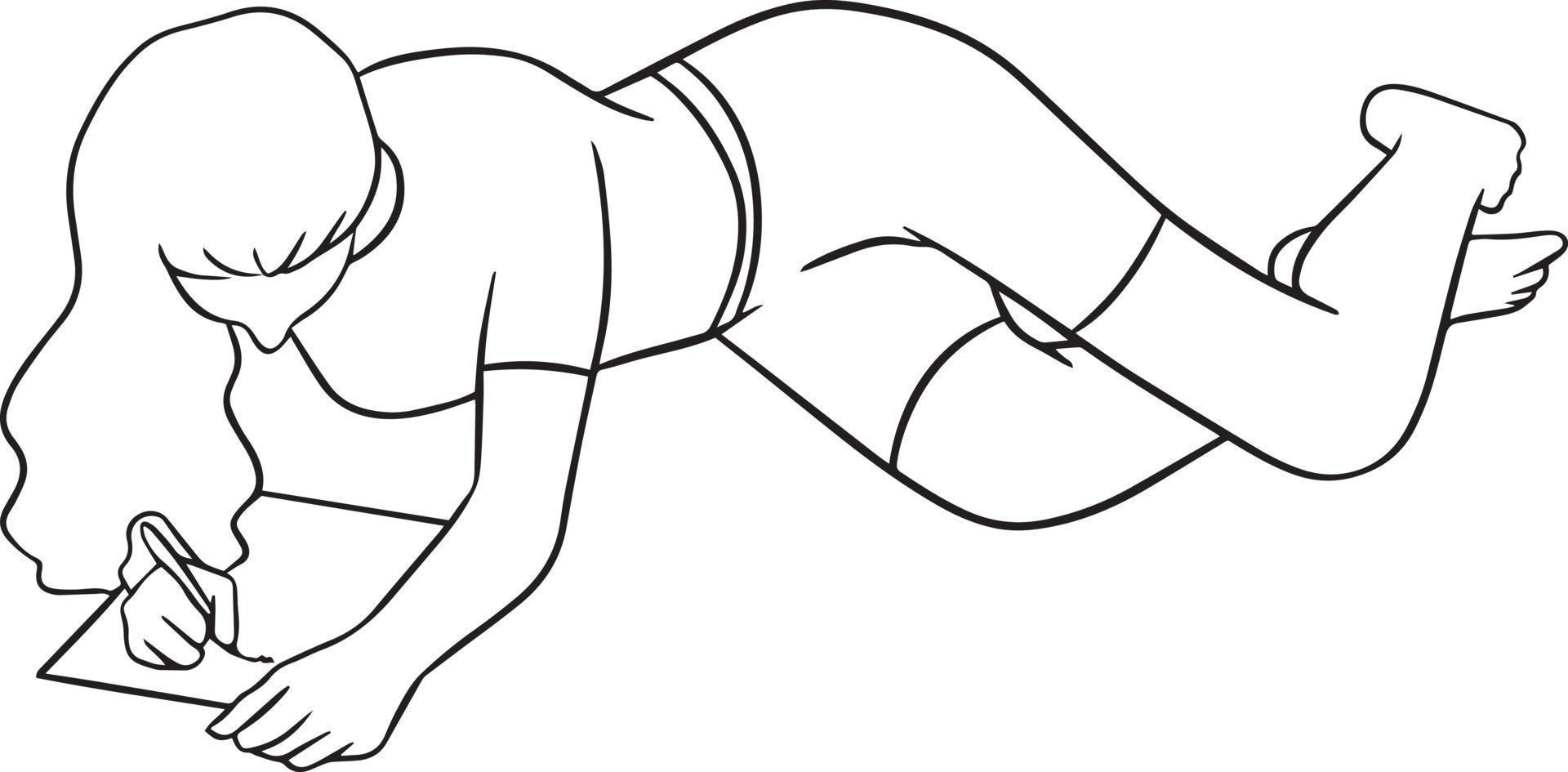 Unrecognizeable woman writing or drawing in ther notebook while lying down. vector