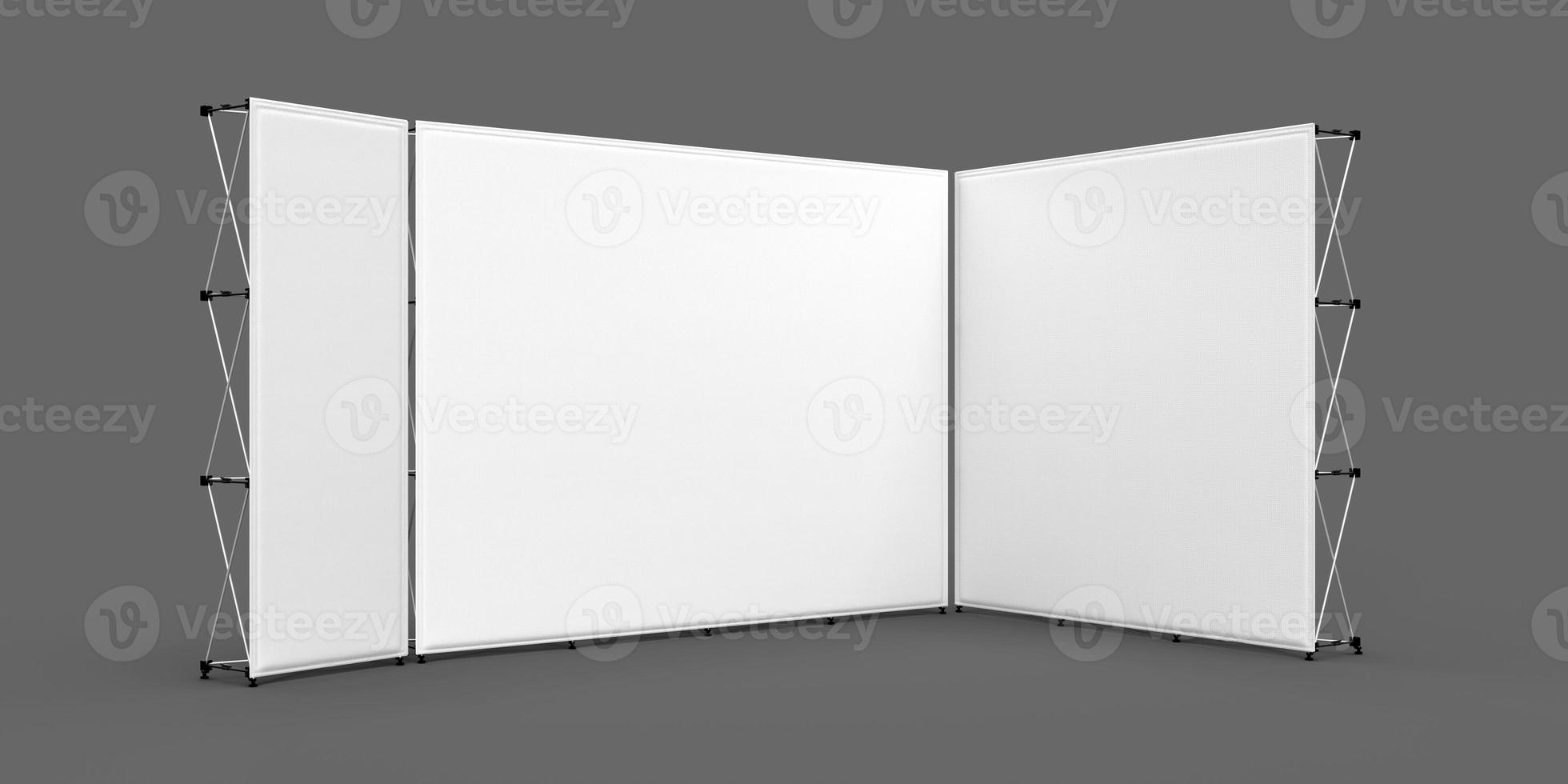 Exhibition Wall Banner Combo 3x1, 3x2 and 3x3 cubed systems, 3d render illustration. Isolated on a dark background photo