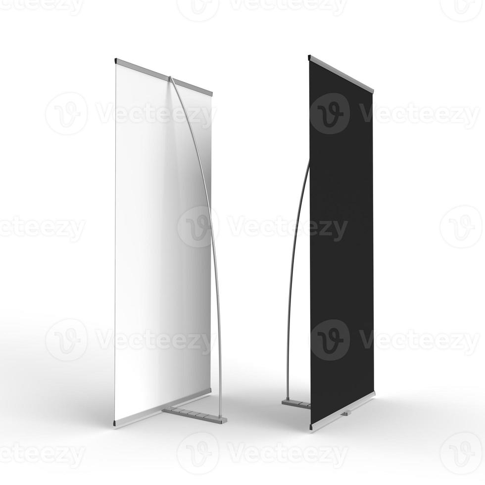 Front and Back view of a Brandable Banner Stand with a black ski photo