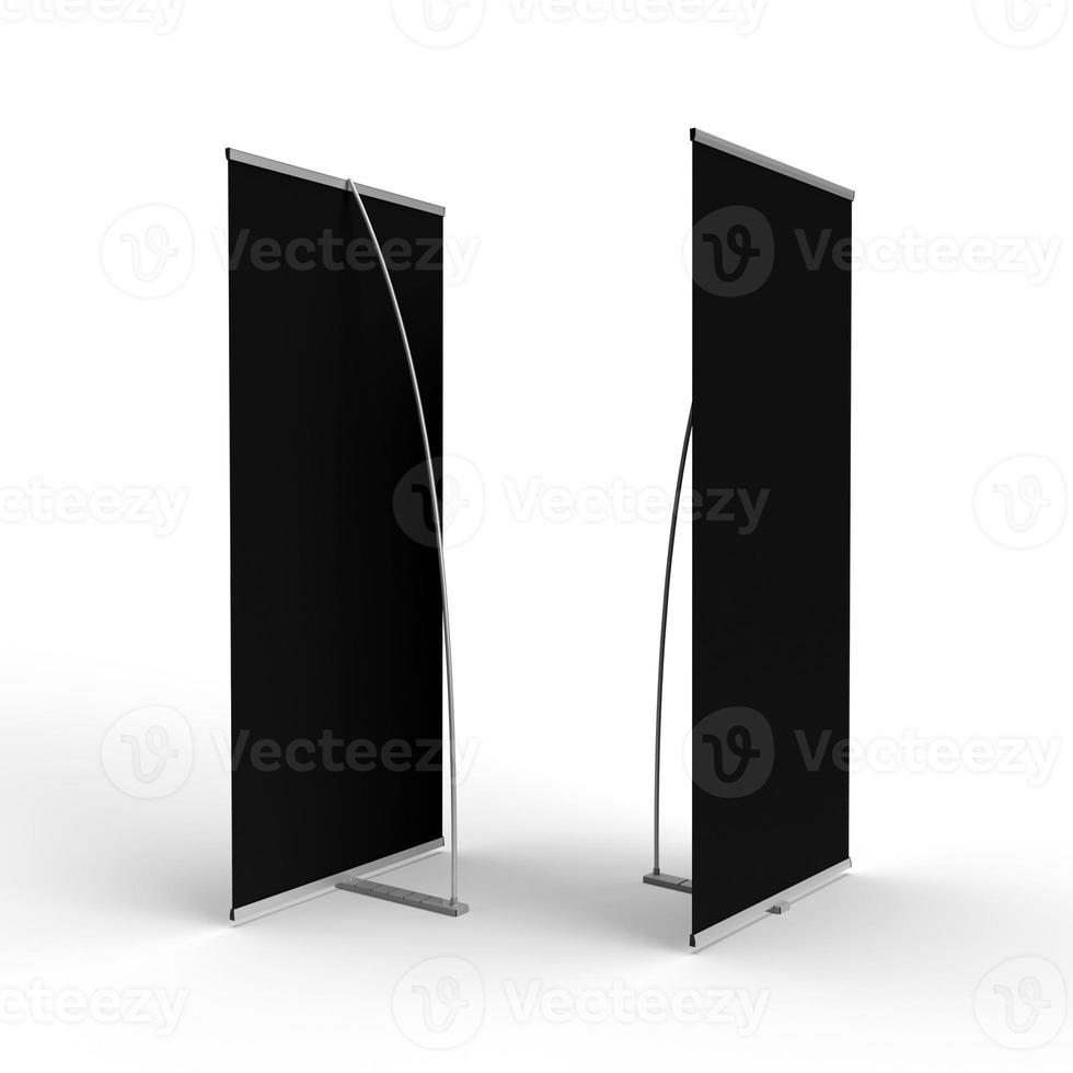 Front and Back view of a brandable Exhibition Banner Stand with a full black skin front and back. 3D render for mockup and illustrations. photo