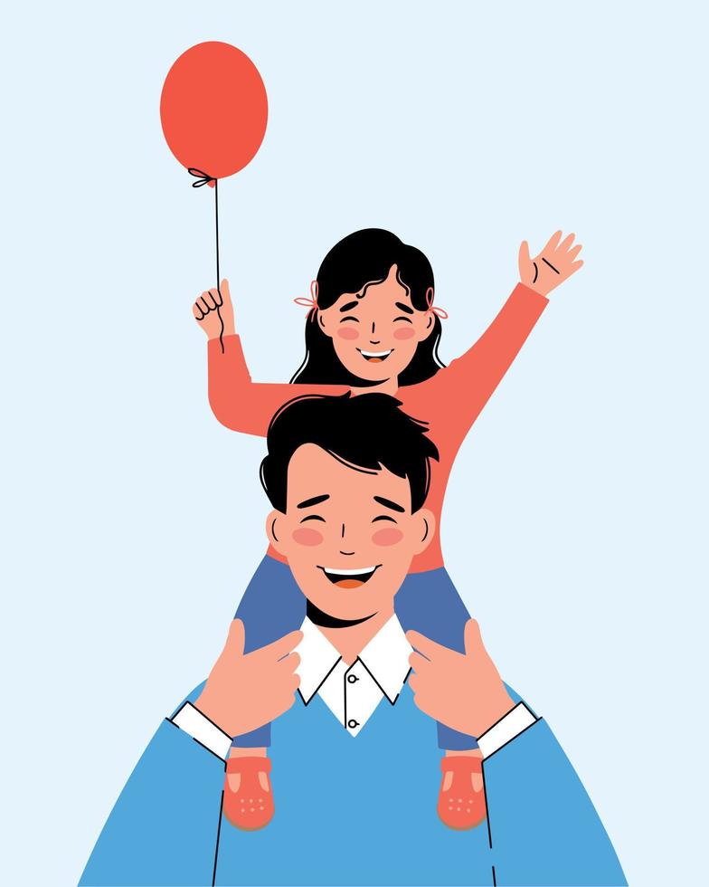 Happy little girl sits on her father's shoulders. Concept of a friendly family. Father's Day vector