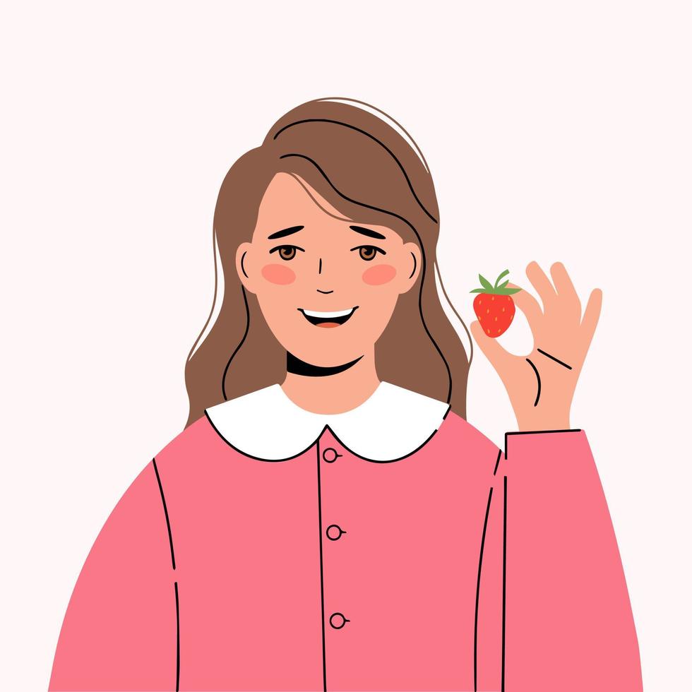 concepto de elegir una dieta saludable. mujer joven está sosteniendo una gran fresa en sus manos vector