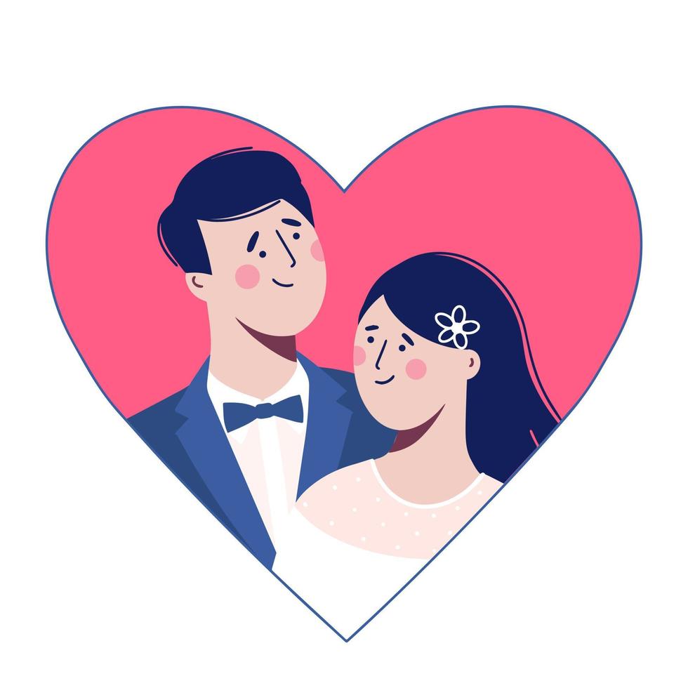 Sticker in the shape of a heart  bride and groom, loving beautiful couple vector