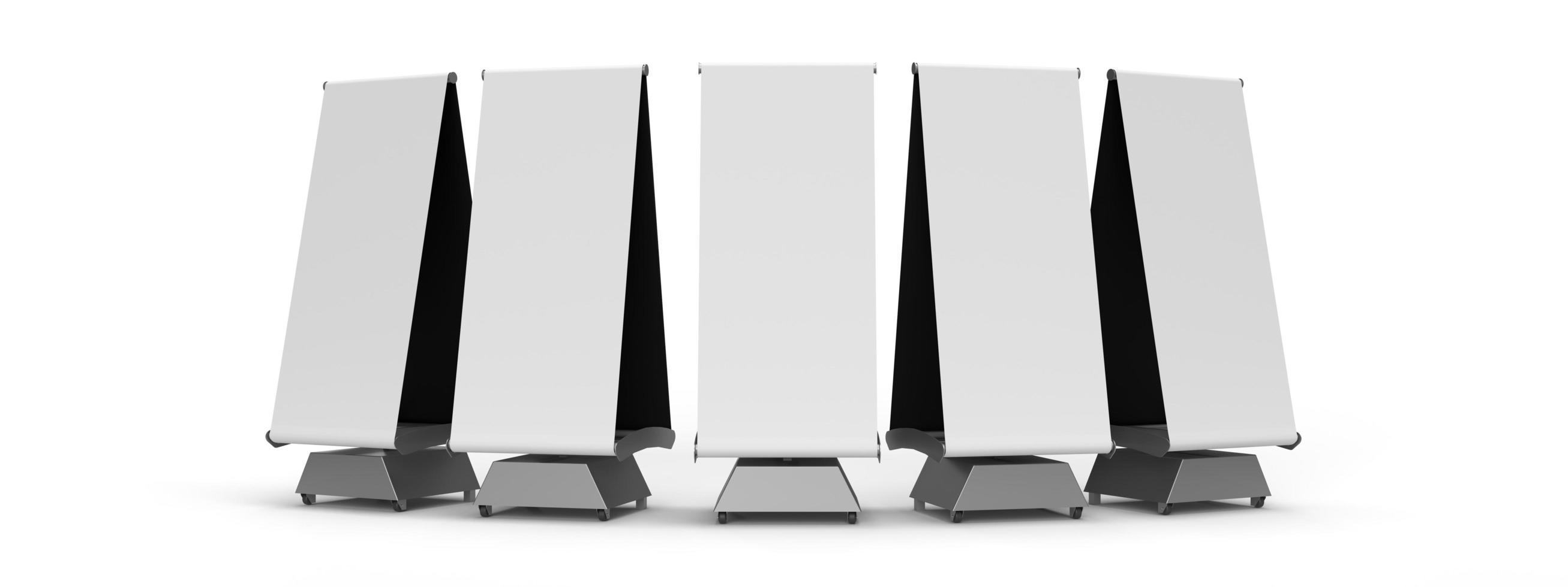 A Group of outdoor display banner stands positioned in an arch with steel frames, bases and a white PVC skin for mockups. 3D render illustration photo