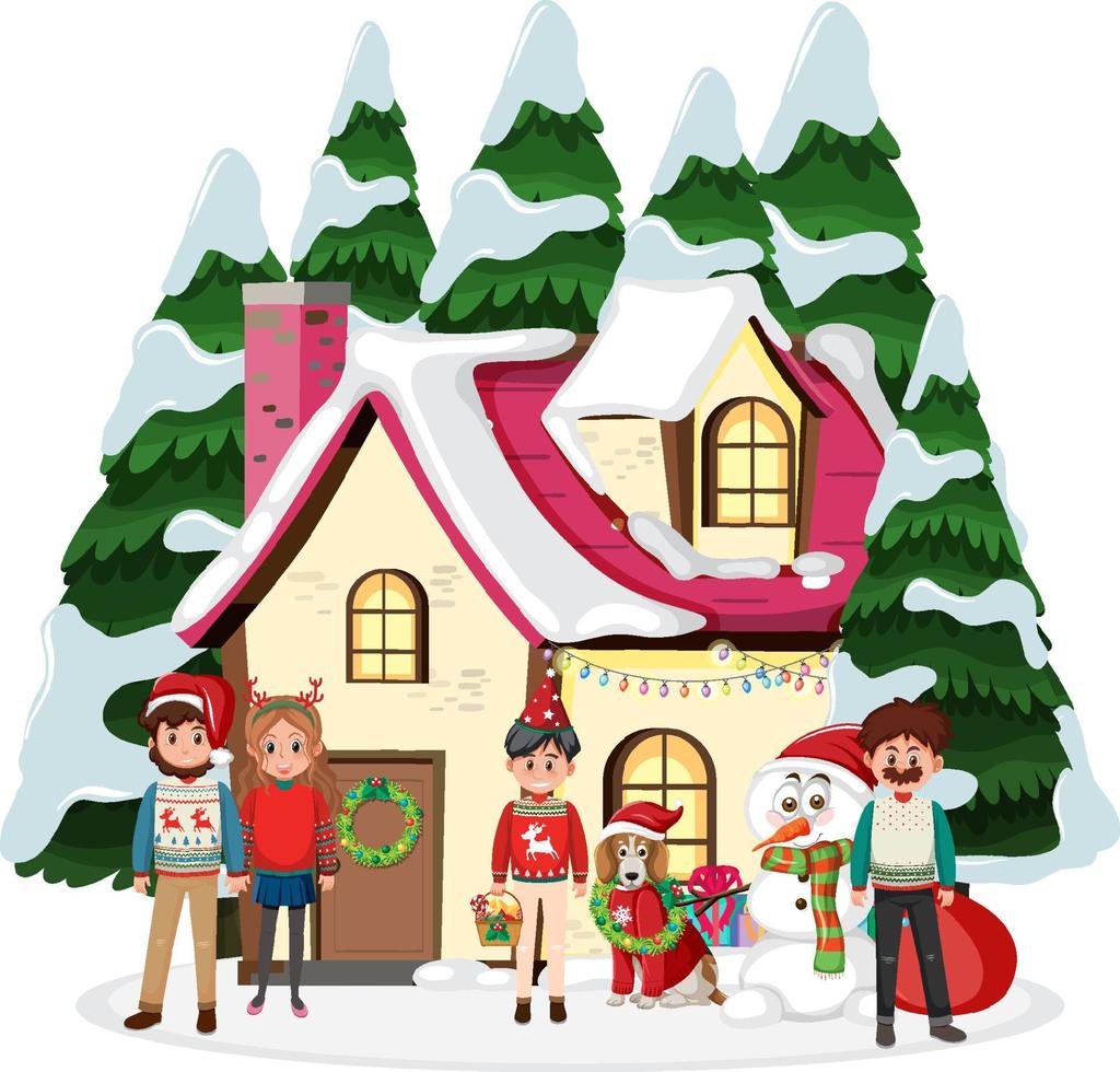 Happy family standing in front of winter house vector