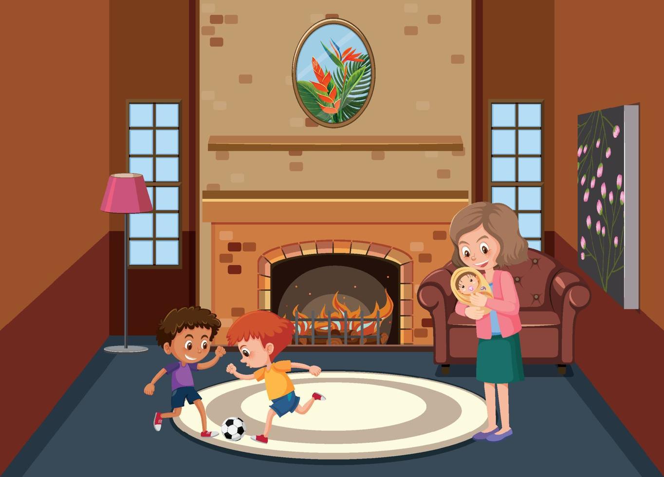 Living room scene with family members vector