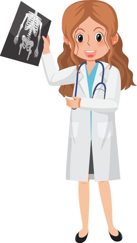un médico sosteniendo un personaje de dibujos animados de película de rayos X sobre fondo blanco vector