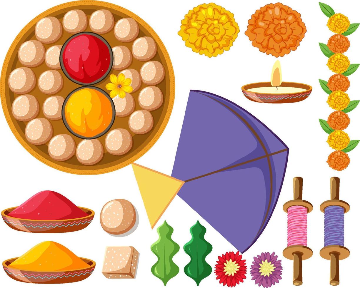 conjunto de comida india y dofferings vector