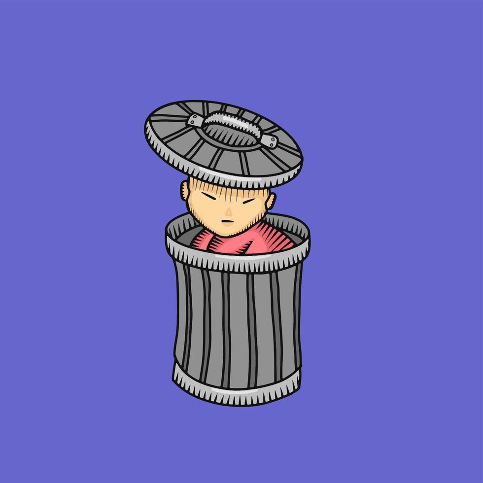 vector graphic illustration of child hiding in a trash can for design needs or products such as children's books and others. simple flat illustration.