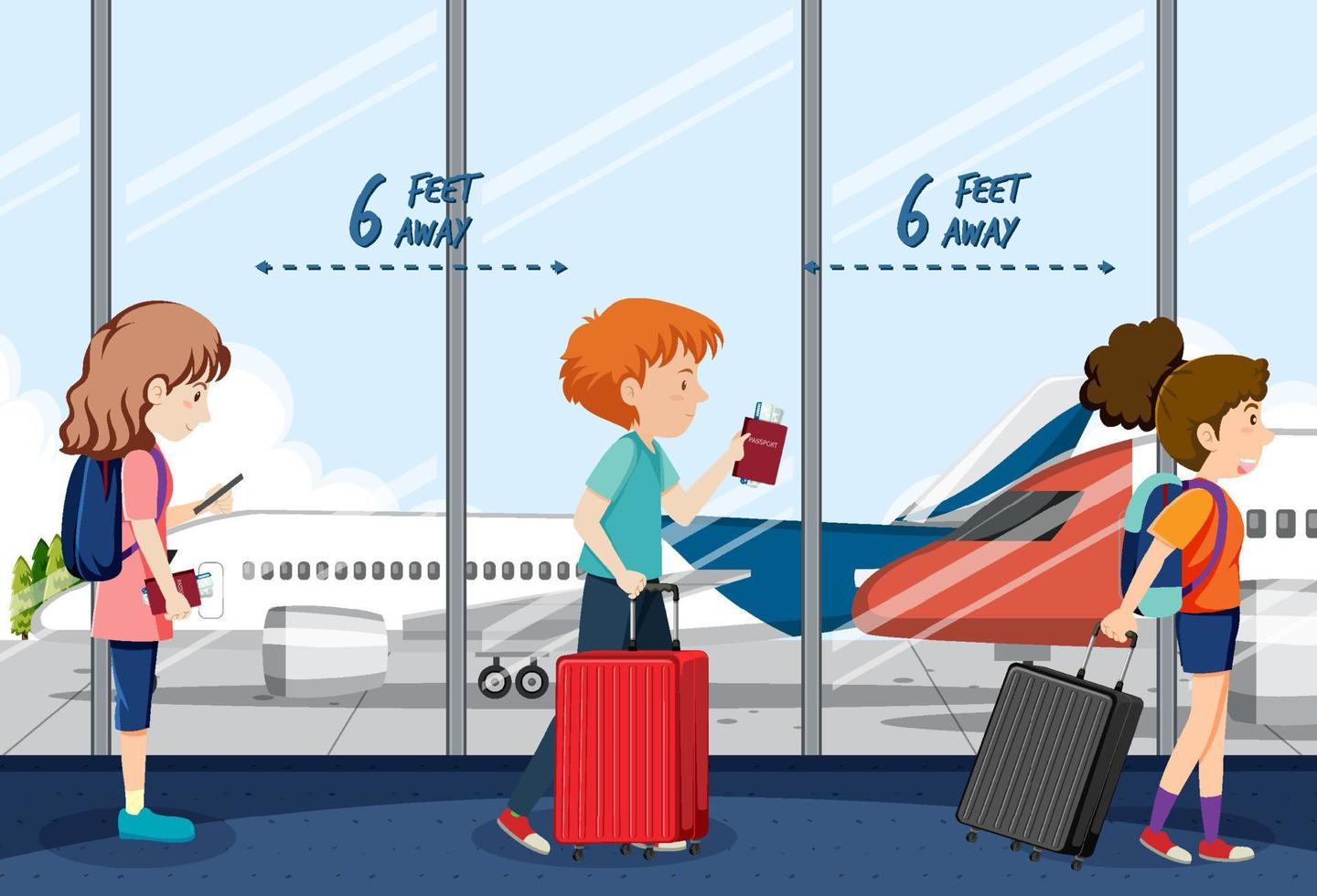 Airport terminal scene with passengers keeping social distancing vector
