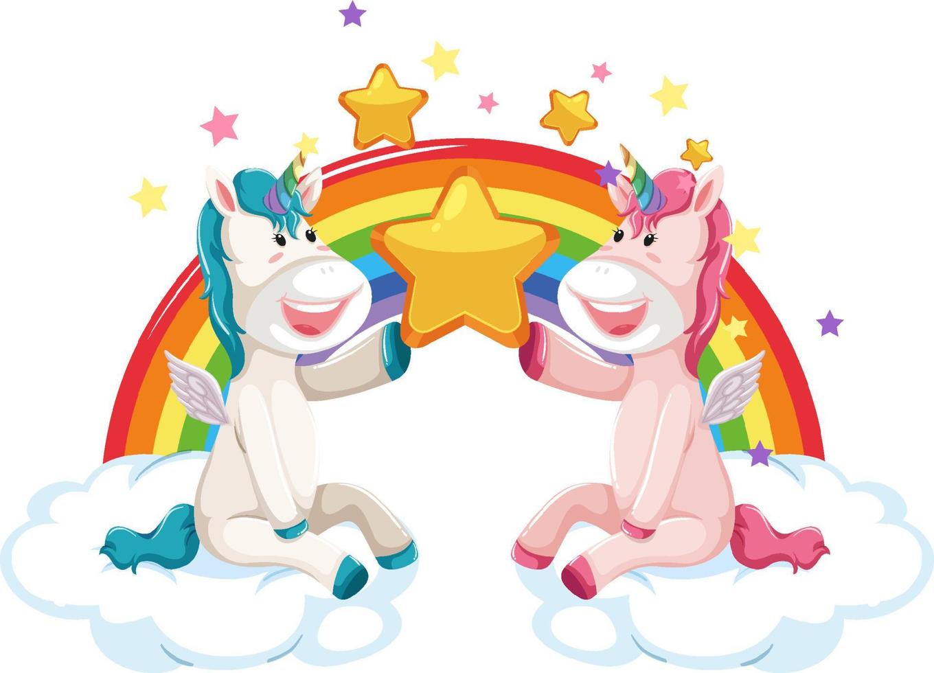 Two unicorns sitting on clouds with rainbow vector