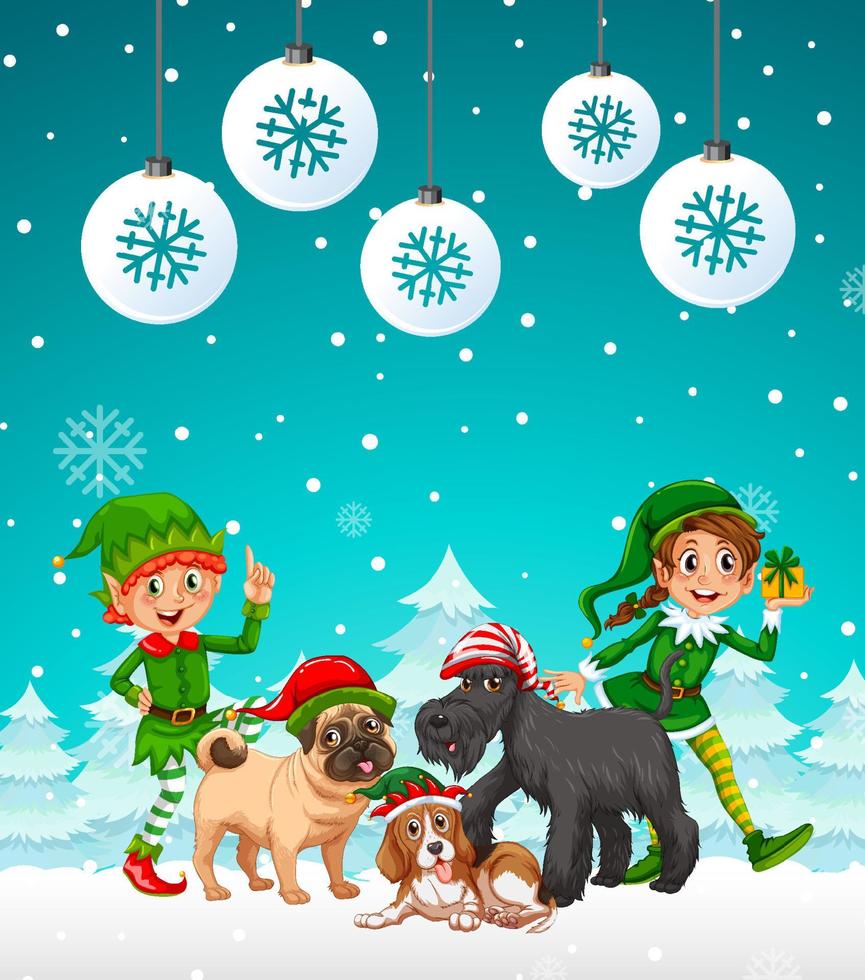 Christmas poster design with two elves and dogs on snowy background vector