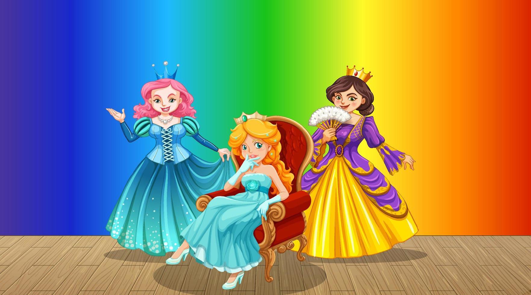 Princess cartoon character on rainbow gradient background vector