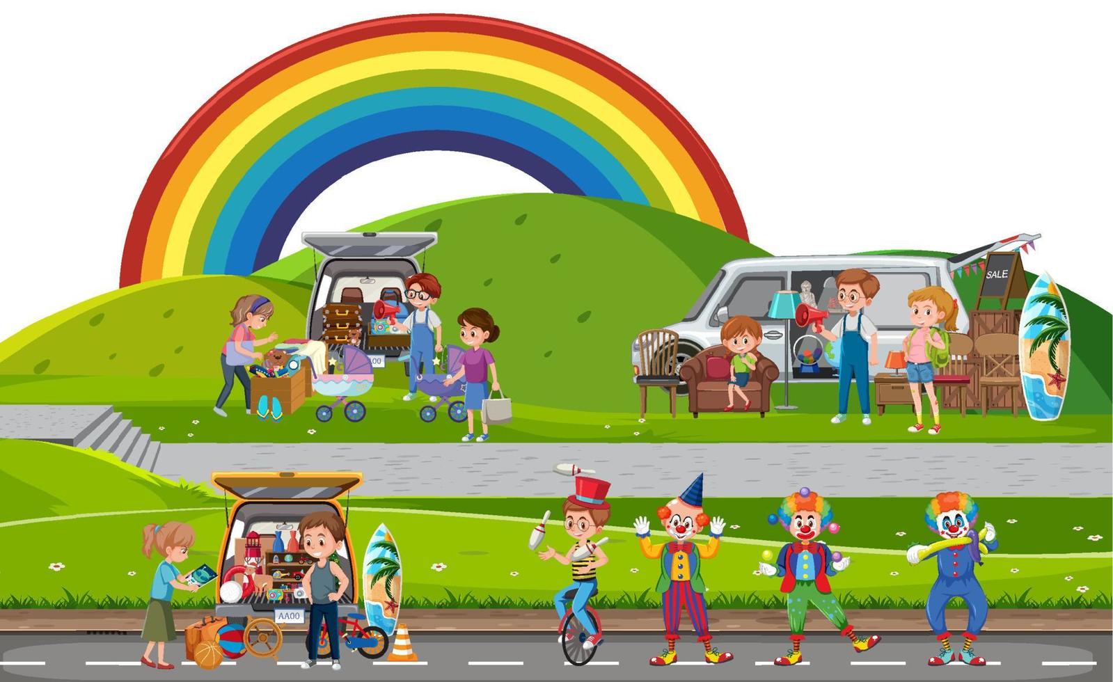 Flea market outdoor scene with people in cartoon style vector