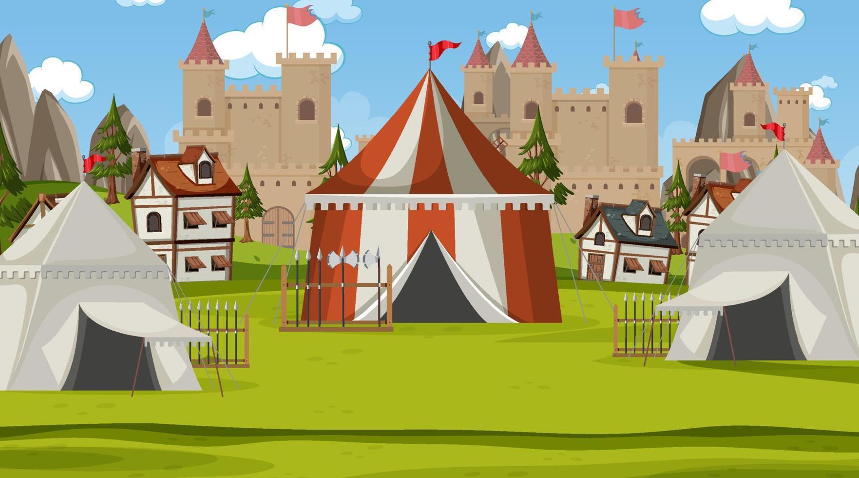 campamento de escena de ciudad medieval con carpas y castillo vector