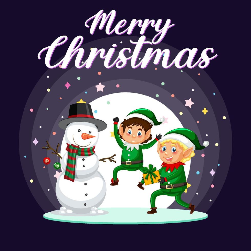 Merry Christmas poster design with cute elves and snowman vector