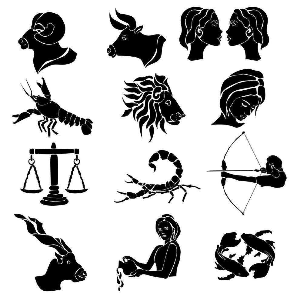 Zodiac signs, set of twelve silhouettes with astrological symbols vector