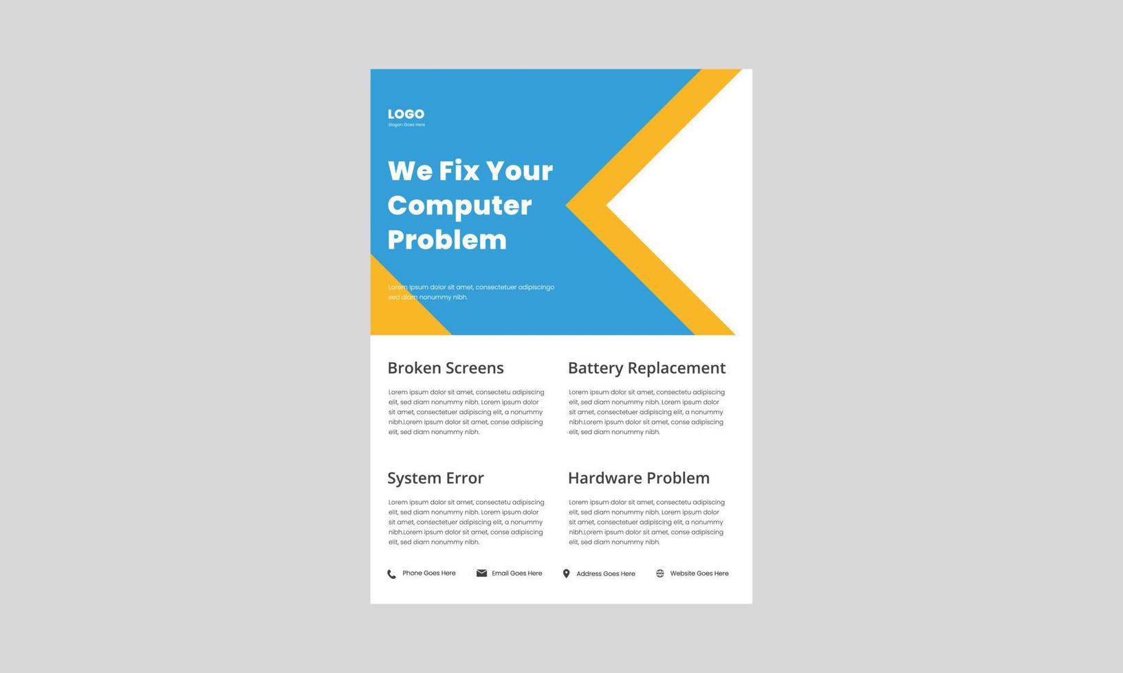 computer repair service flyer design. local computer repair shop poster, leaflet design. we fix the computer problem flyer. vector