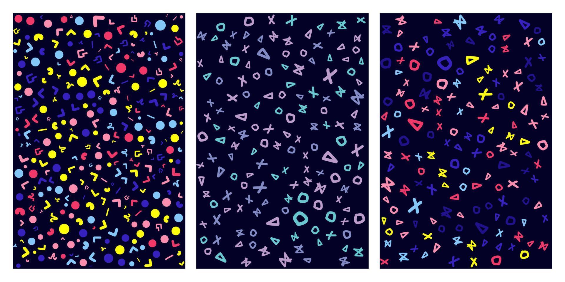 patrones, fondos geométricos abstractos con diferentes formas geométricas: triángulos, círculos, puntos, líneas. estilo Menfis. brillante y colorido, estilo de los 90. patrón de vectores sin fisuras. color neón, aleatorio