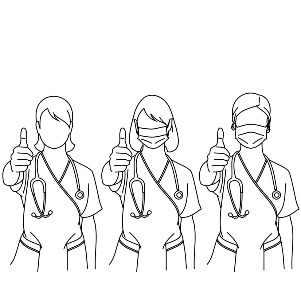 A beautiful young surgeon or medical nurse wearing uniform scrubs a stethoscope and showing okay sign. Wearing surgical face masks or medical to protect from plague, diseases, coronavirus or mers-cov vector