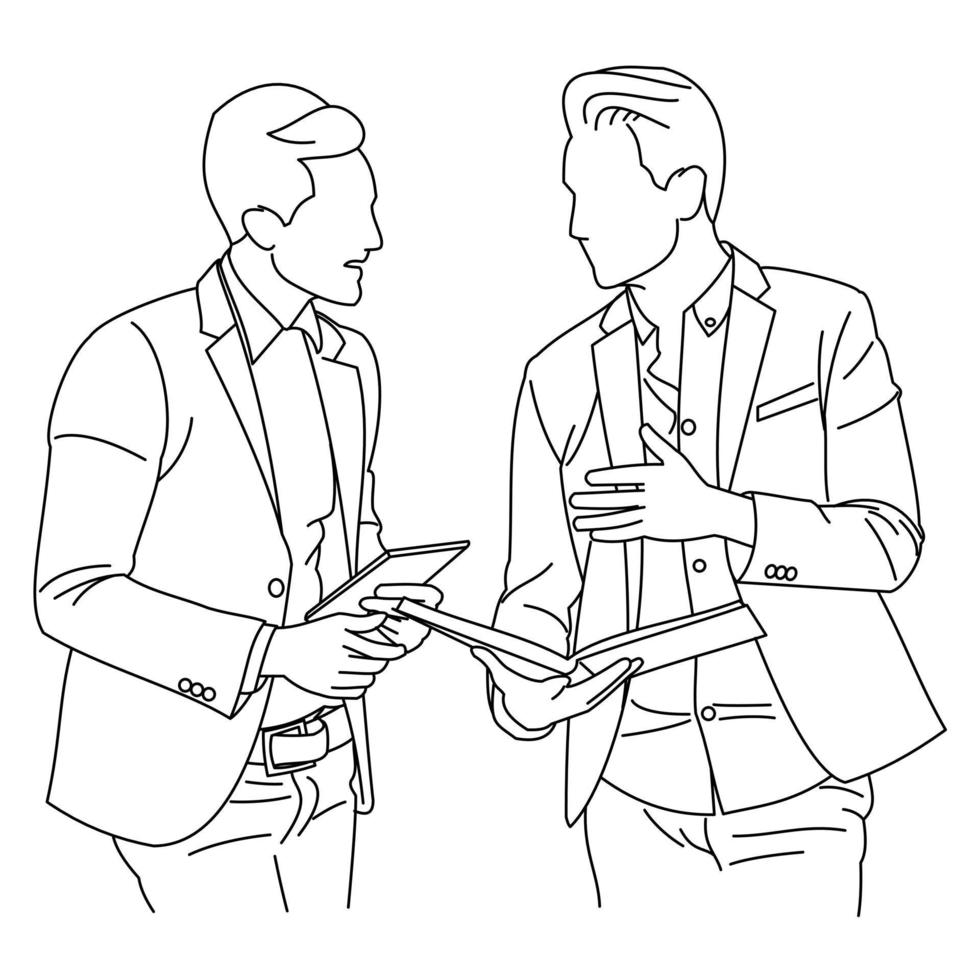 Illustration of line drawings men in suit or business partners discussing very well to find new idea that are suitable for your business or company to become more advanced isolated on white background vector