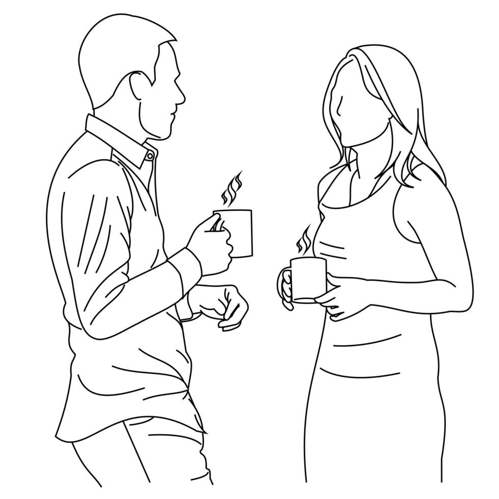 A couple of two young business laughing while drinking coffee with her partner during coffee break. Female and male discussing new project with her colleague while drinking coffee. Have a nice day vector